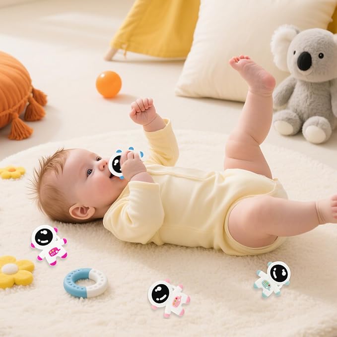 Baby Teething Spaceman Toy for 3+ Months Infants Sucking, Food Grade Silicon Astronaut Styling Teether, BPA Free (4 in 1 Pack)