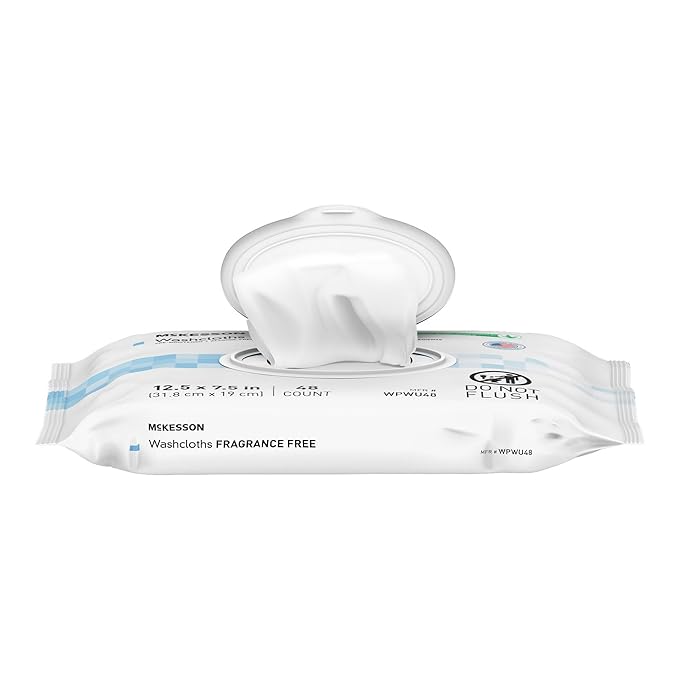 McKesson Washcloth Wipes for Adults, Unscented (3 Pack, 144 Washcloths) Disposable Wash Cloths for Body - Fragrance-Free No-Rinse Formula - Good for Incontinence and Elderly - 48 Wipes Per Pack