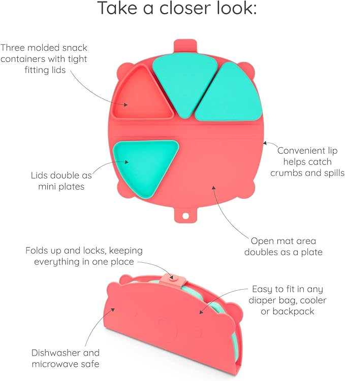 On-The-Go Snack Mat – Baby Silicone Travel Dining Placemat – Portable Silicone Toddler Plate – Reusable Snack Container with 3 Compartments and Lids for 6 Months + (Watermelon)