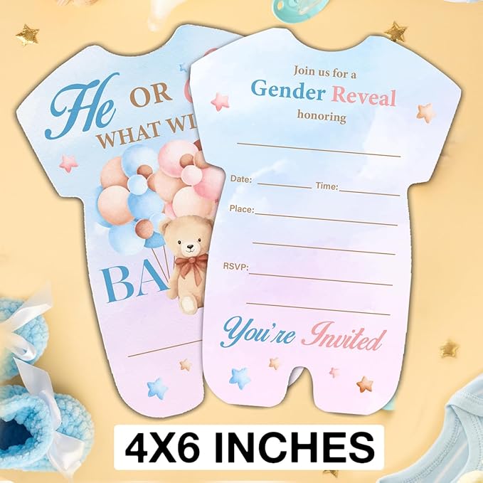LyoGao Bear Gender Reveal Invitations - Balloon Bear He or She Baby Shower Party Fill in Invites Cards With Envelopes (20 Pack)