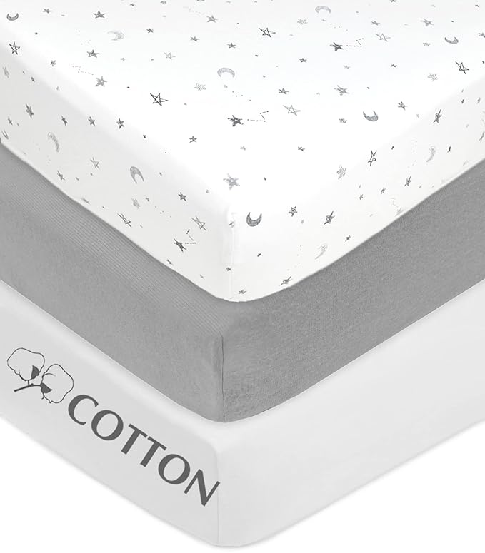 American Baby Company 3 Pack 100% Natural Cotton Fitted Crib Sheets 52" x 28" - Soft, Breathable, Hypoallergenic & Gentle Toddler Bed Sheets, Gray Stars/Gray/White, Neutral for Boys & Girls
