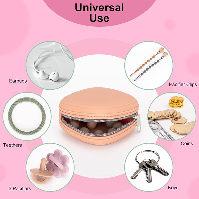 2 Pack Silicone Pacifier Holder Case, Portable Pacifier Case For Diaper Bag, BPA Free Newborn Baby Pacifiers Silicone Pouch For Boys & Girls (Apricot+Powder Rose)