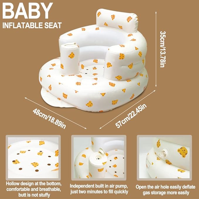 Inflatable Baby Chair, Inflatable Baby Seat for Babies 3 Months and Up, Summer Blow Up Chair with Built in Air Pump, Bumbo Seat for Learning to Sit, Palying, Camping, Tiger