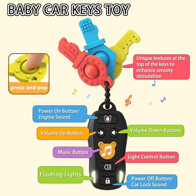 Baby Toy Car Keys Baby Remote Control Toy Set, Toddlers Pretend Toy Key Teether and TV Remote with Sounds Lights Interactive Musical Sensory Learning Toys Gifts for Boys Girls Infant Age 6+ Months