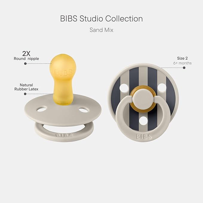 BIBS Pacifiers - Colour Studio 2 Pack | Round Nipple Baby Pacifier | BPA Free Natural Rubber Latex Soother | Made in Denmark | Size 6+ Months | Block Sand