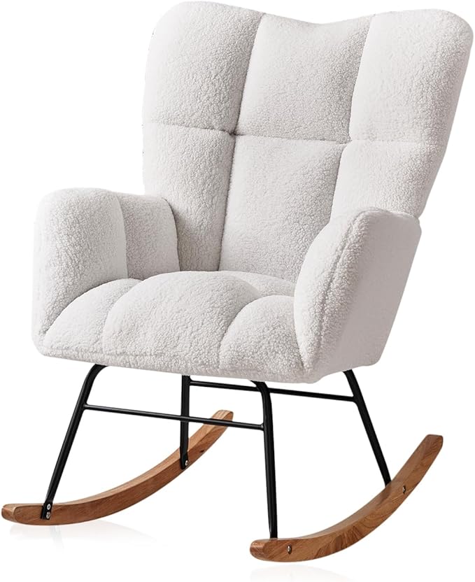 Kiztir Rocking Chair Nursery, High Backrest Teddy Glider Rocker Upholstered Rocker Recliner Modern Rocking Accent Chairs for Bedroom, Living Room, Offices (Ivory)