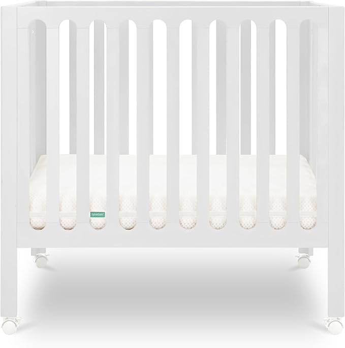 Newton Baby Galileo Mini Crib Solid Beech Wood with Wheels in White Color, Adjustable Mattress Height, Ultra-Safe Non-Toxic Finish, Mini Crib Mattress Included