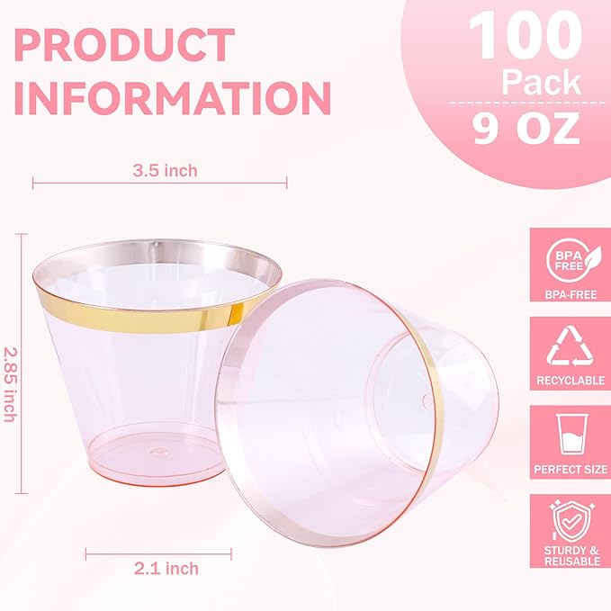 supernal 100 Pcs Pink Plastic Cups, 9oz Pink Disposable Cups with Gold Rim, Plastic Wine Cocktail Glasses Perfect for Party, Wedding and Birthday, Cute Cocktail Party Cup Disposable