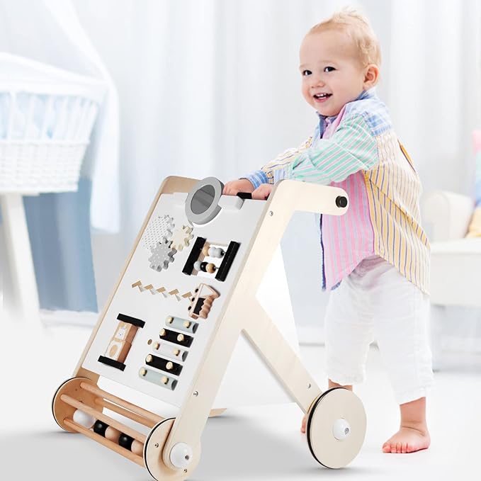 Beright Wooden Baby Walker with Roller, Push and Pull Learning Activity Walker, Multi-Functional Kidsโ Activity Toy, Multiple Activities Center, Develops Motor Skills & Stimulates Creativity, Natural