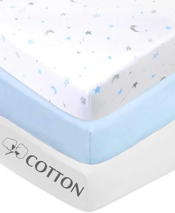 American Baby Company 3 Pack 100% Natural Cotton Fitted Crib Sheets 52" x 28" - Soft, Breathable, Hypoallergenic & Gentle Toddler Bed Sheets, Blue Stars/Blue/White, Neutral for Boys & Girls