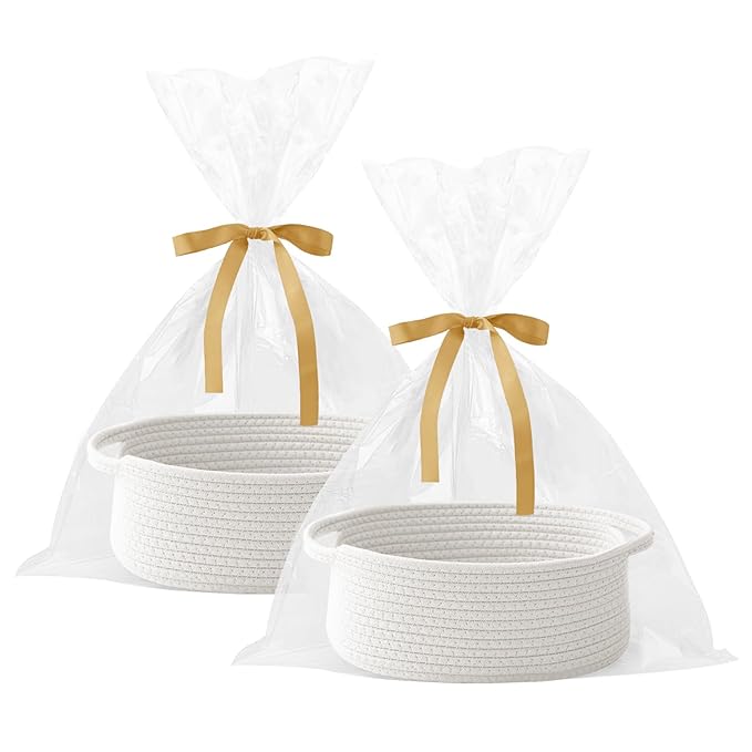 2 Pack Gift Basket with Gift Bag and Ribbons,Small Rope Woven Shelf Storage,Baskets for Gifts Empty,Birthday,Shower,Decorative Organizer Box for Cat Dog Pet with Handles(White)