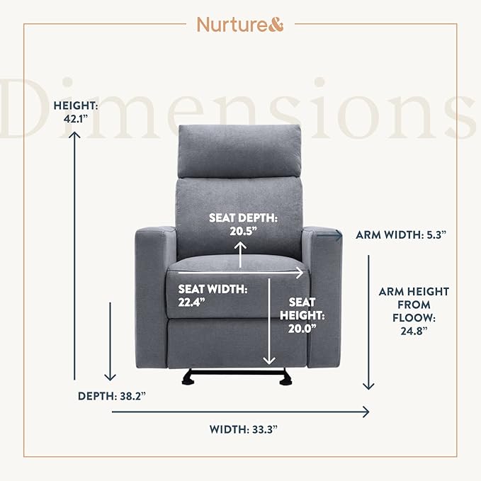 Nurture& The Manual Glider Premium Modern Recliner Nursery Glider Chair with Spill, Stain Proof Fabric | Designed with a Thoughtful Combination of Function and Comfort | Water Repellant (Gray)