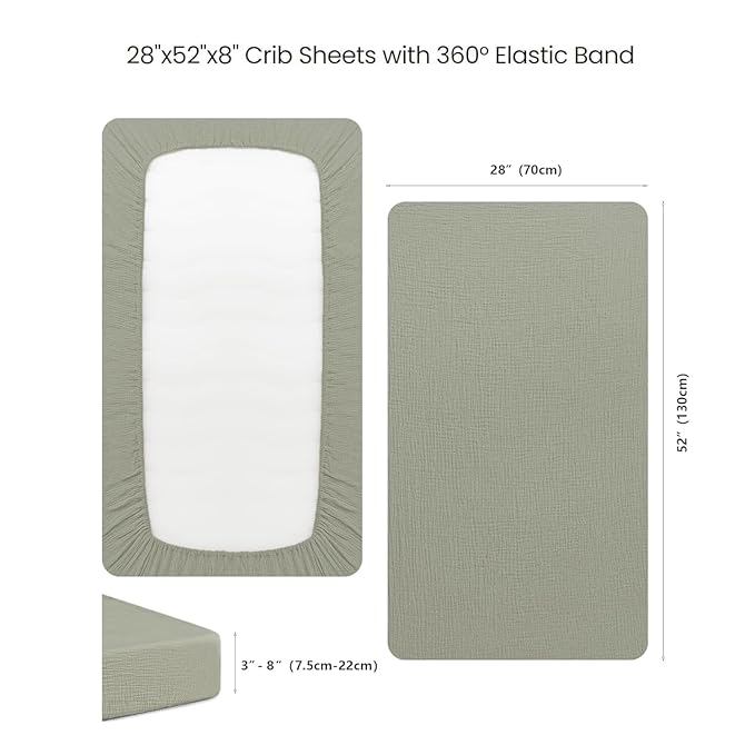 Konssy Muslin Crib Sheets 2 PCS, 100% Cotton Baby Crib Sheets for Standard Crib Mattress (28"x 52"), Soft and Breathable for Boys, Girls (Rabbit,Fog Green)
