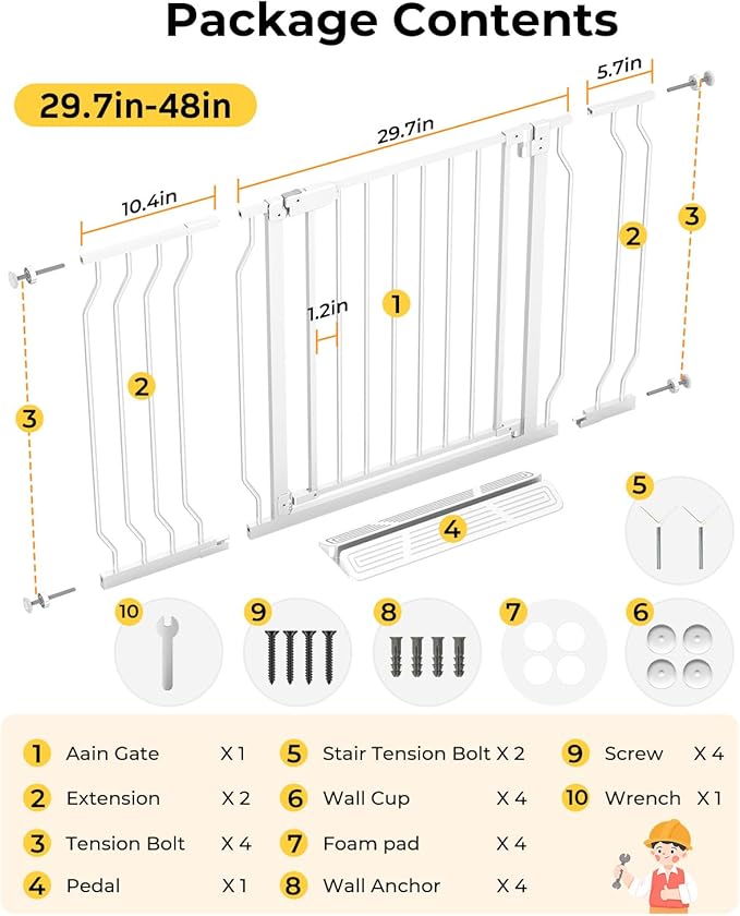 30"-48″ Extra Wide Baby Gate with 2 Extensions, 30.5" Tall, Pressure Mount for Kitchens, Stairs, and Doorways, Safe Passage for Crawlers, Pets & Seniors