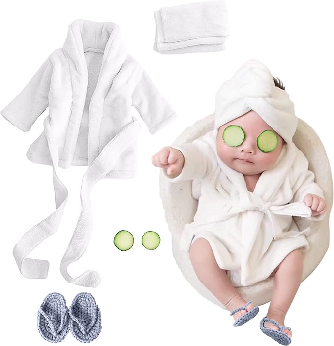 SPOKKI Newborn Photography Props Baby Girl 5 PCS Bathrobes Bath Towel Outfit with Slippers Cucumber Photo Props for Infant Boys Girls(0-6 Months)