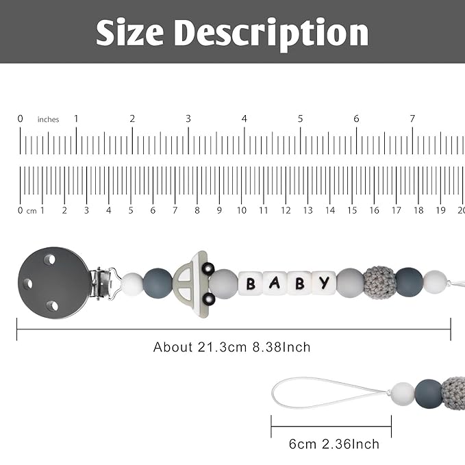 Personalized Pacifier Clip with Name for Baby, Customized Pacifier Clip Fits All Pacifiers, Baby Birthday Christmas Gift for Boys and Girls, Car (Grey)