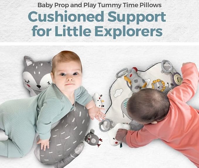 Tummy Time Pillow with 3 Detachable Sensory Toys - Infant Head Support & Neck Strengthening Mat - Soft & Breathable Baby Gym Play Pillow - Machine Washable (Safari Animals)