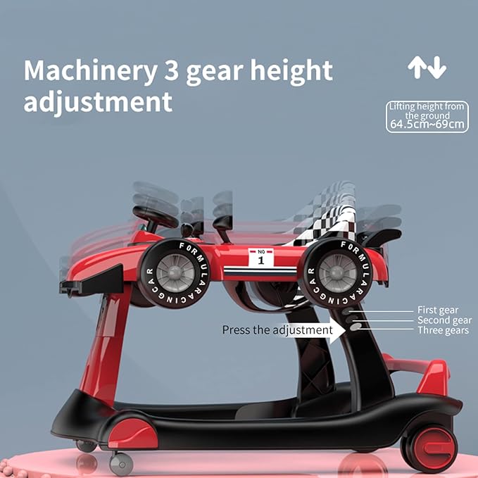 4-in-1 Baby Walker, Foldable Activity Walker with Adjustable Height & Speed, Music, Lights, Steering Wheel, Activity Baby Push Walker for Boys Girls Aged 6–18 Months (Red)