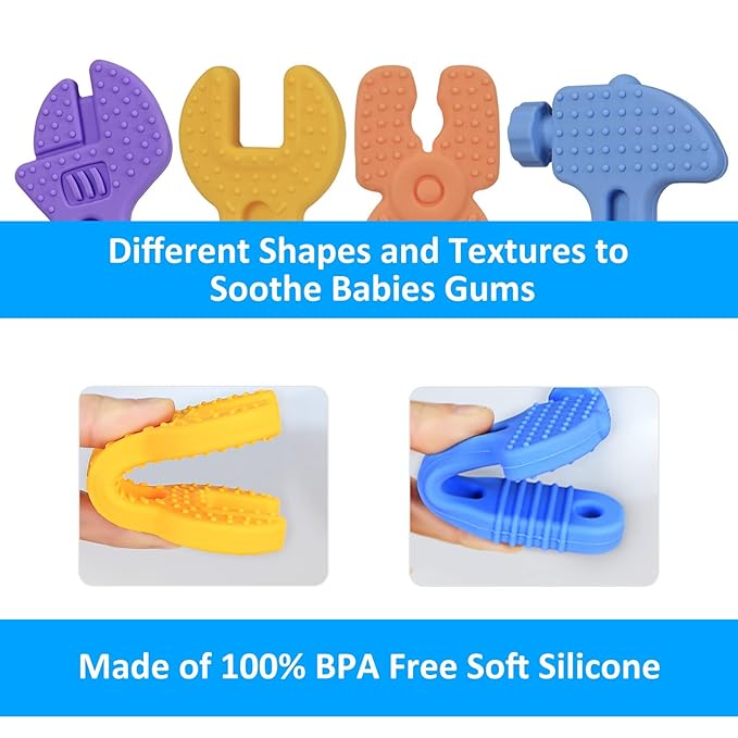 Haili Baby Teething Toys, Baby Teethers for 3-6 Months, Freezer BPA Free Silicone Teethers for Babies 6-12 Months 0-6 Months, Hammer Wrench Spanner Pliers Shape Teether Chew Toys