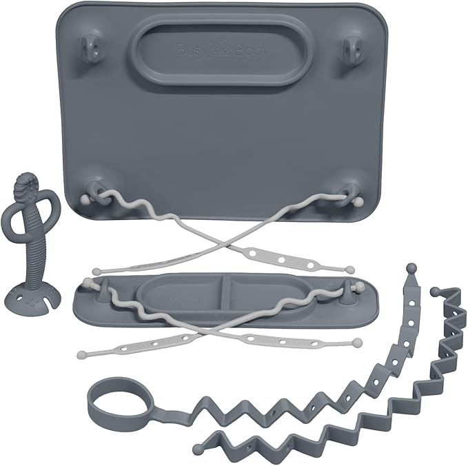 BUSY BABY New Parent Start Up Kit - Original Placemat, Mini Mat, Teether Spoon, Toy Bungee, Bottle Bungee, 6 Straps (Pewter)