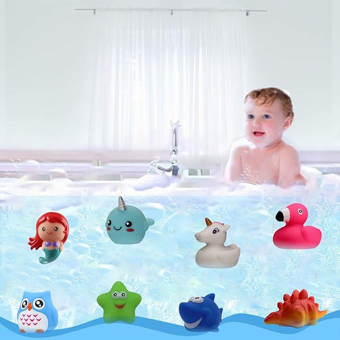 Bath Toys (8 Packs Rubber Animals Toys) Light Up Floating Rubber Toys Flashing Color Changing Light in Water Bathtub Shower Games Toys for Baby Kids Toddler Child …