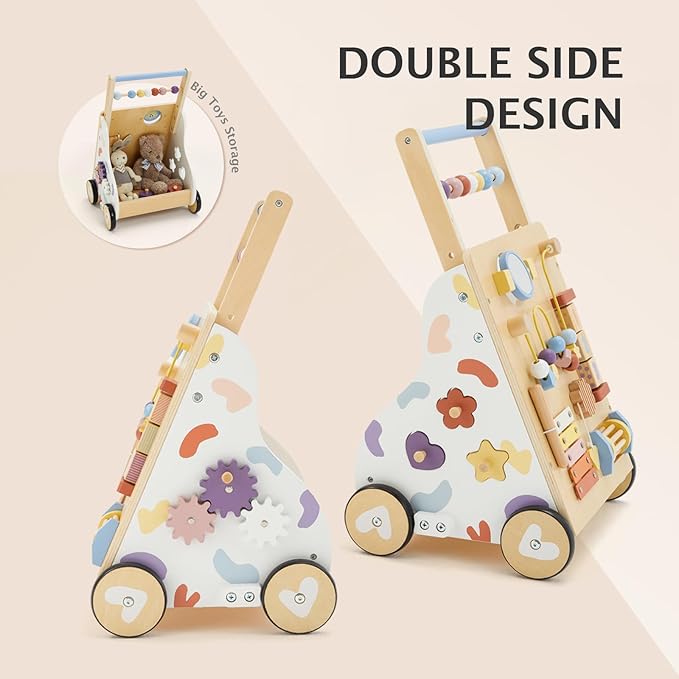 Wooden Baby Walker, Baby Push Walker, Montessori Walker Toy for Babies 12M+ Learning to Walk & Sit-to-Stand, Adjustable Speed Walkers for Boys, Baby Activity Center with Sensory Toy for Girls