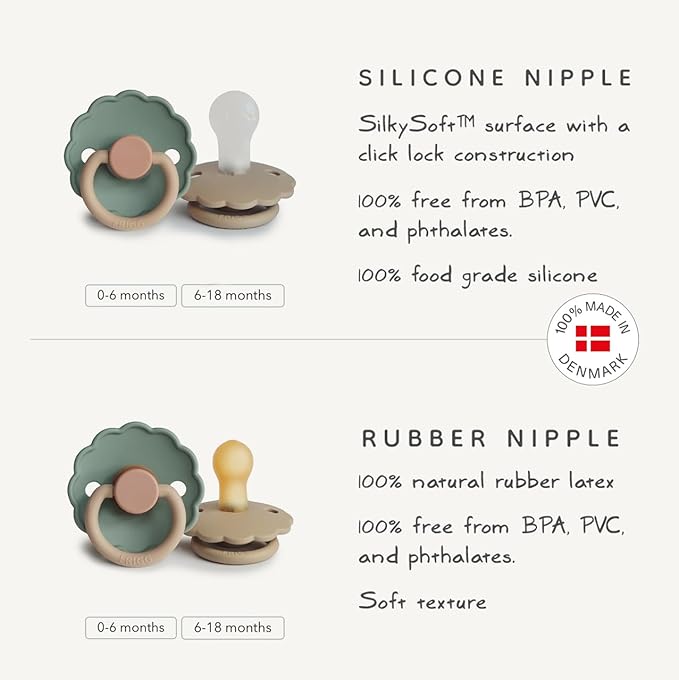 FRIGG Daisy Natural Rubber Baby Pacifier | Made in Denmark | BPA-Free (Croissant/Portobello, 0-6 Months) 2-Pack