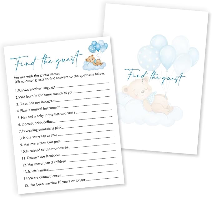 Find The Guest Baby Shower Game, 25 Double-Sided Blue Bear Games for Boys, Interactive Baby Boy Party Supplies, Baby Boy Celebrations - B05