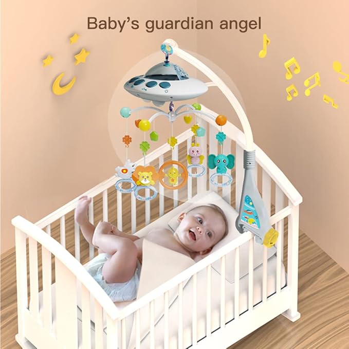 Baby Musical Crib Mobile with Night Lights and Relaxing Music,Hanging Rotating Animals Rattles,Stars Projection,Remote Control,for Boy Girl Newborn Baby Toys(Blue)