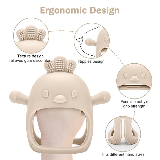 4 Pack Silicone Teething Mitten for Babies with Baby Fruit Food Feeder & Freezer Tray Set, BPA Free Infant Teething Relief Toy for 3 Month+, Additional Silicone Sacs (Bear&Smile Beige)