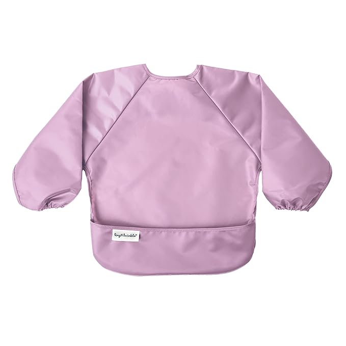 Tiny Twinkle Mess Proof Baby Bibs, 2pk Waterproof Smock Baby Bibs for Eating, Machine Washable Long Sleeve Bibs, Baby Led Weaning, Toddler Bibs, BLW Supplies (Taupe Lilac, Small 6-24 Months)