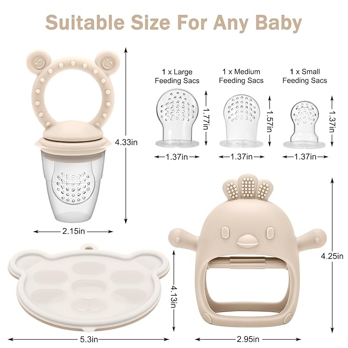 3 Pack Silicone Teething Mitten for Babies with Baby Fruit Food Feeder & Freezer Tray Set, BPA Free Infant Teething Relief Toy for 3 Month+, Additional Silicone Sacs (Smile Beige)