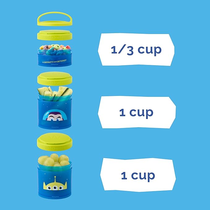 Whiskware Disney Pixar Stackable Polypropylene Snack Containers for Kids and Toddlers, 3 Stackable Snack Cups for School and Travel, Toy Story Buzz Lightyear