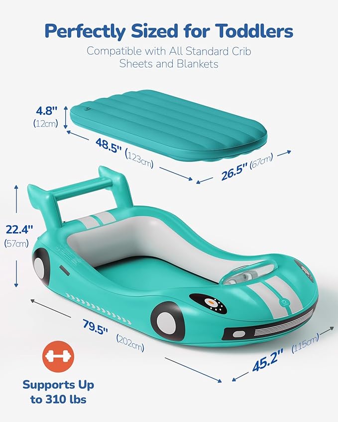 QPAU Inflatable Kids Bed, Toddler Travel Bed with Sides, for Camping, Traveling, Hotel, or Home Use, Hand Pump Included (Cyan)