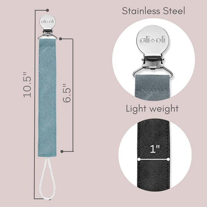 Ali+Oli Linen Strap Pacifier Clip (Night) Set of 3 (10" x 1") Baby Pacifier Holder for Newborn Pacifiers & Teethers, Binky Clips, Silicone-Free Pacifier Clips
