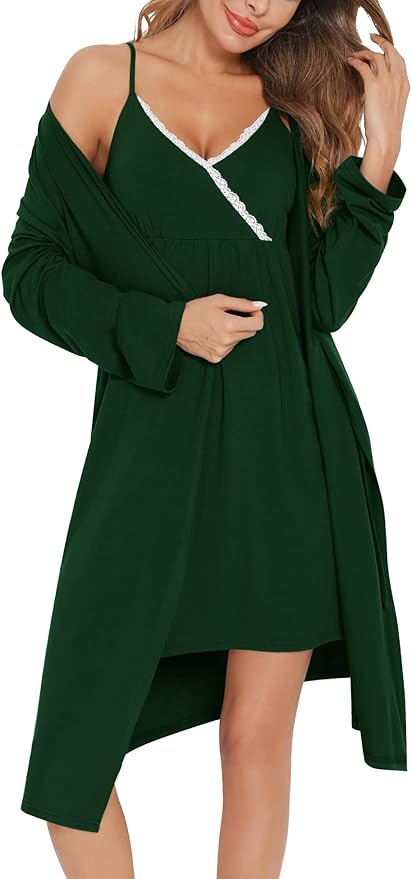 SWOMOG Womens Maternity Robe 2 Piece Nursing Nightgown for Breastfeeding 3 in 1 Labor Delivery Nursing Dress Lace Bathrobe