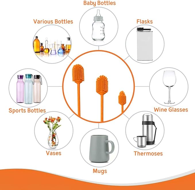 Silicone Bottle Brush Cleaner Set of 3,Long Handle Bottle Cleaning Brushes for Narrow Neck Containers, Water Bottles, Thermos, Hydro Flasks, Coffee Mugs,Baby Bottles (Orange Upgraded Version)