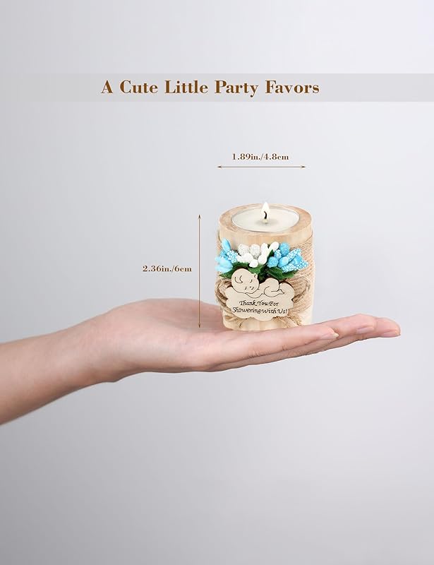 Ju's Favors Wooden Candle Holders (Set of 10), Baby Shower Favors, Boy Christening Favors, Baby Christening Party Favors for Guests.(Light brown-blue)