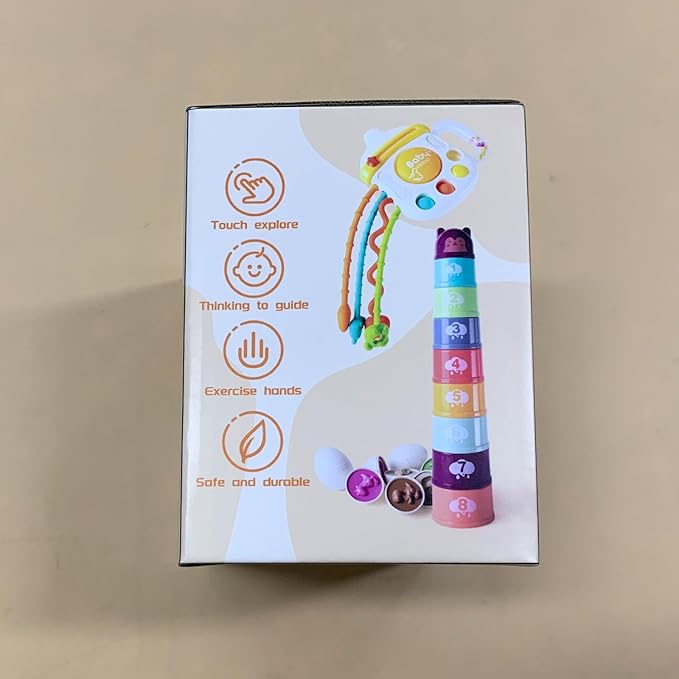 5 Pcs Baby Montessori Toys for 6 12 18 Months, Gift for 1 Year Old Boy Girl, Baby Tissue Box, Dino Matching Egg, Pull String Toy, Teething Toy, Stacking Cup