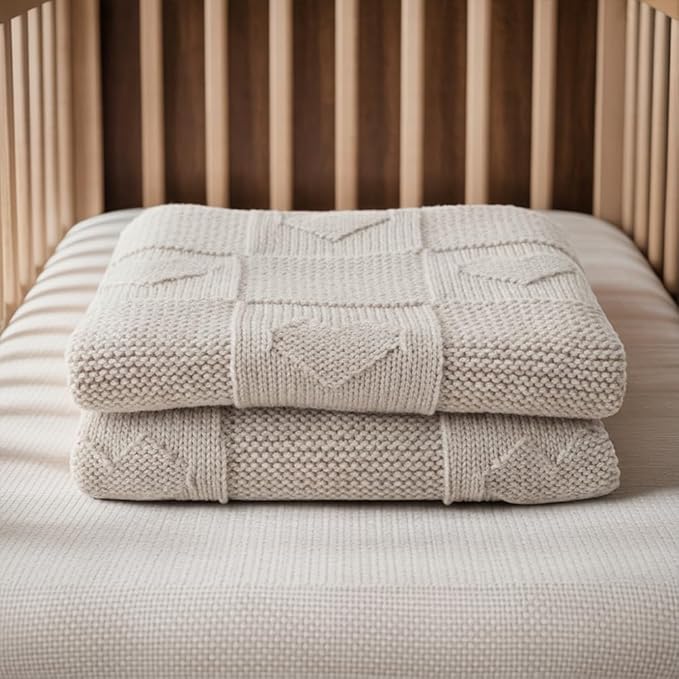 Heart Baby Knit Blanket – 100% Cotton Soft Lightweight Receiving Blanket with Square Heart Design for Newborn Infant Toddler Boy Girl, Cozy Crib Stroller Blanket