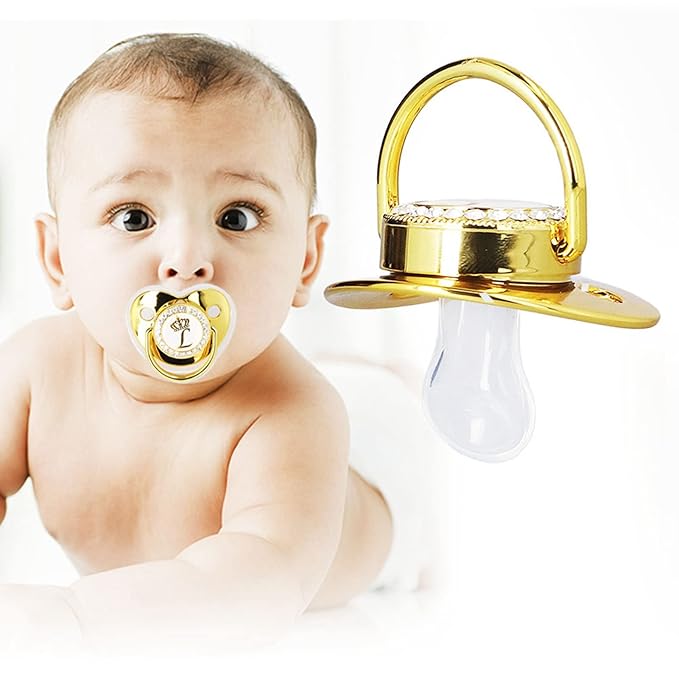 Luxury Golden Letter Baby Pacifier Set with Personalized Bling Design, Clips, Anti-Dust Cover for Newborn Photography, Size L