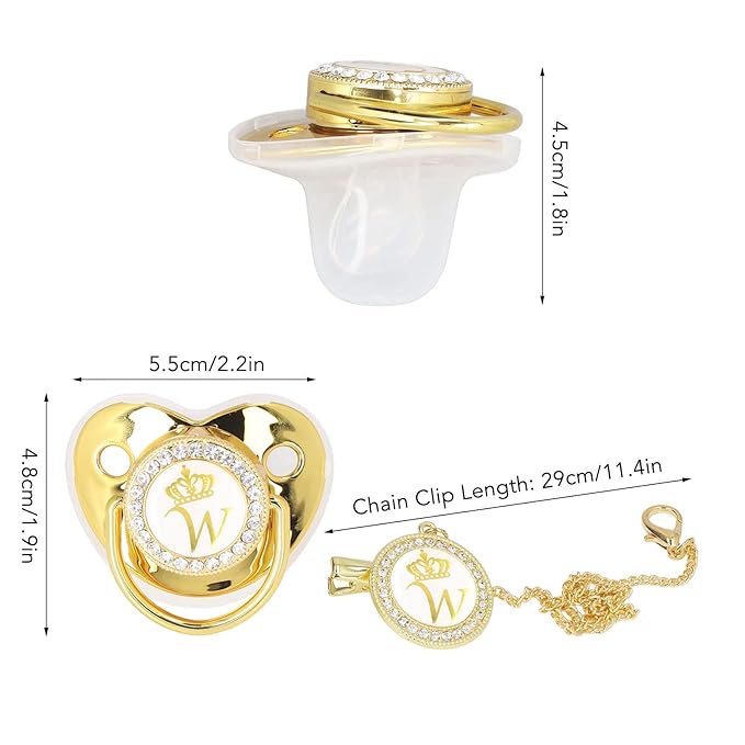 Golden Letter Personalized Baby Pacifier with Bling Design, Clips, Anti-Dust Cover for Newborn Photography, White