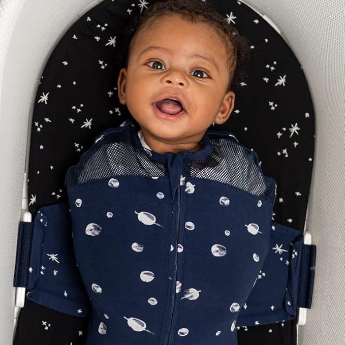 Happiest Baby SNOO Sleep Sack - 100% Organic Cotton Baby Swaddle Blanket - Doctor Designed Promotes Healthy Hip Development (Midnight Planets, Small)