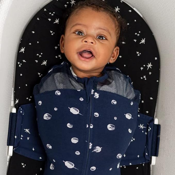 Happiest Baby SNOO Sleep Sack - 100% Organic Cotton Baby Swaddle Blanket - Doctor Designed Promotes Healthy Hip Development (Midnight Planets, Large)