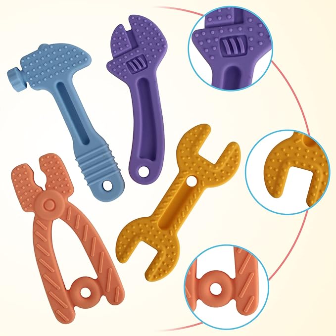 Fu Store 8 Pack Soft Silicone Teething Toys for 0-12Months 6-24 Months Toddlers Infant Hammer Tools Shape Baby Teethers Relief Soothe Babies Gums Set