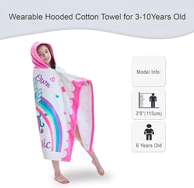 VOOVA & MOVAS Kids Towels with Hood Age 3-10, 30''X50, Soft | Thick | 100% Cotton | Absorbent | Large Wrap| Cover Up, Perfect for Beach, Pool, Bath, Swim, White Magic Unicorn