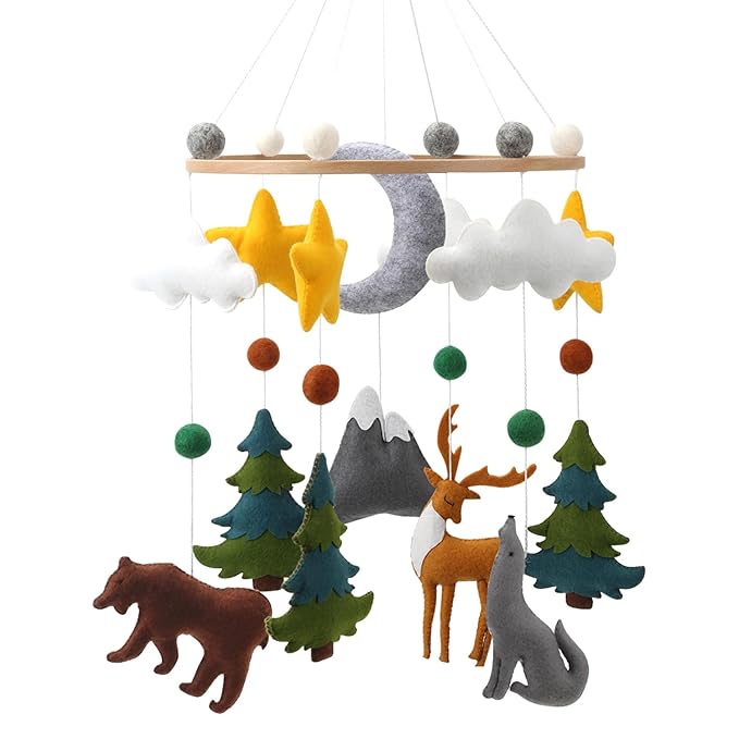 Woodland Mobile for Crib - A Woodland Crib Mobile with Stars Trees Clouds and Animals for a Forest or Hunting Theme