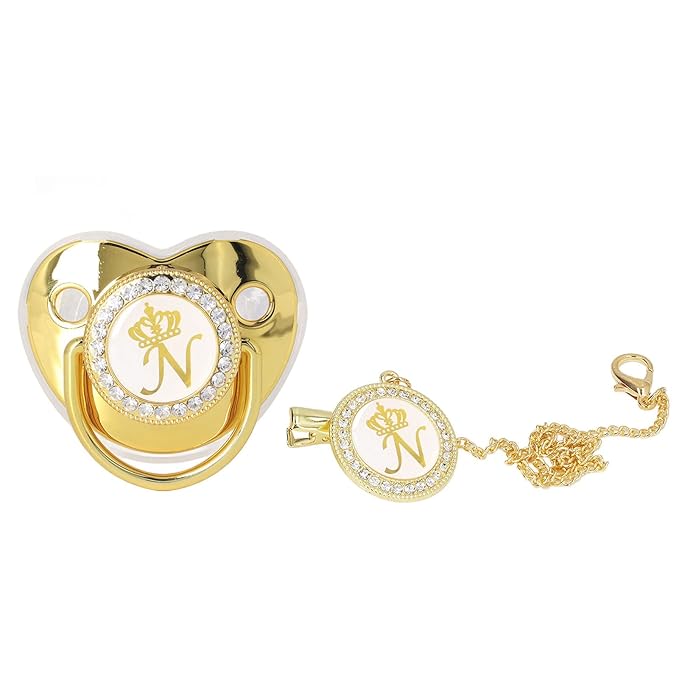 Personalized Golden Letter Baby Pacifier with Clips, Anti-Dust Cover, Letter N Design for Newborn Photography, Baby Shower