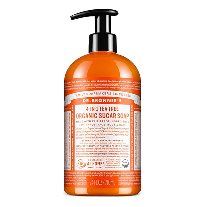 Dr. Bronner's - Organic Sugar Soap (Tea Tree, 24 Ounce) - Made with Organic Oils, Sugar and Shikakai Powder, 4-in-1 Uses: Hands, Body, Face and Hair, Cleanses, Moisturizes and Nourishes, Vegan