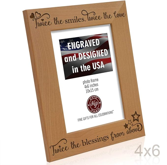KATE POSH - Twice The Smiles, Twice The Love, Twice The Blessings from Above - Engraved Natural Wood Picture Frame - Twins Photo Frame, Twins Gifts for Babies, Twins Gifts for mom (4x6-Vertical)